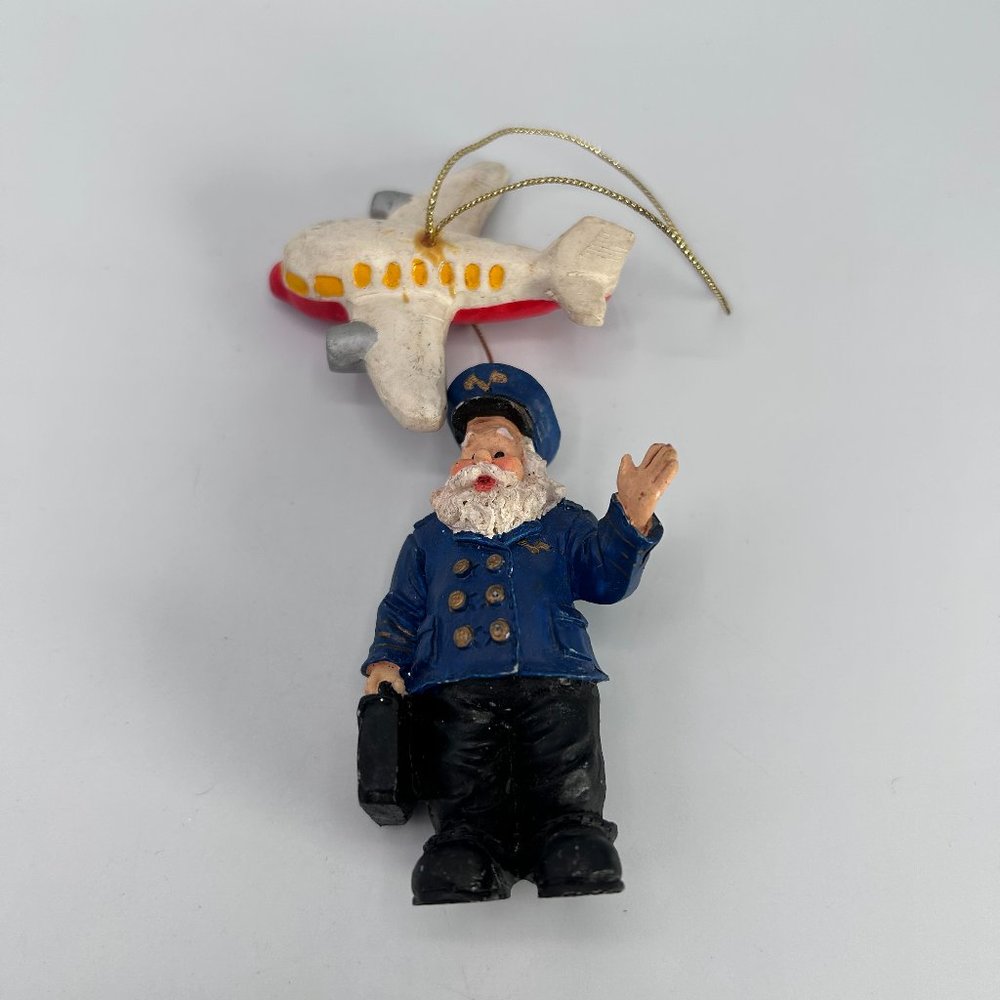 Airplane Bearded Pilot w/ Suitcase Christmas Tree Holiday Ornament Blue White